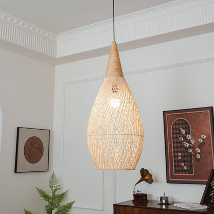 Bohemian Woven Rattan Pendant Lamp with Wood Top and Open Weave Shade