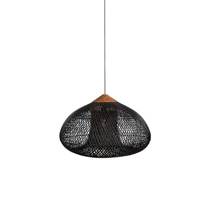 Bohemian Woven Rattan Pendant Lamp with Wood Top and Open Weave Shade
