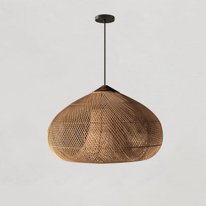 Bohemian Woven Rattan Pendant Lamp with Wood Top and Open Weave Shade