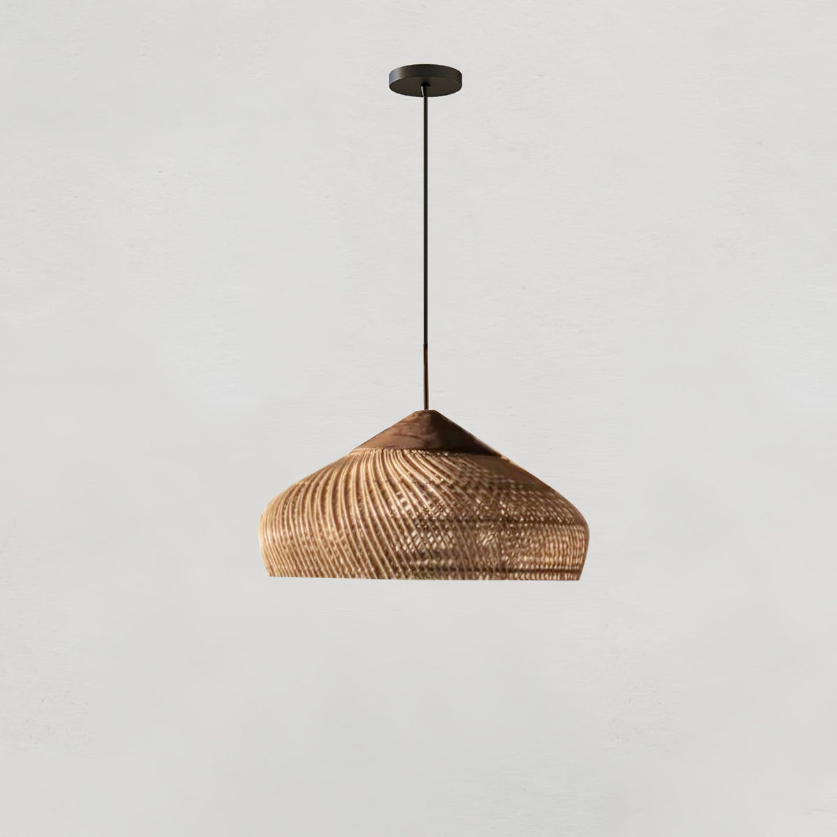 Bohemian Woven Rattan Pendant Lamp with Wood Top and Open Weave Shade