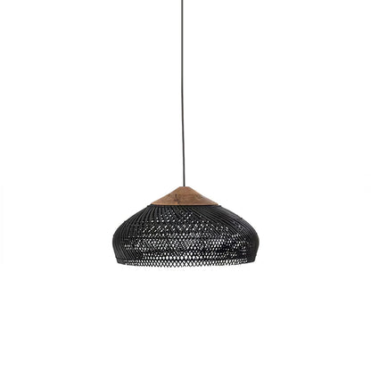 Bohemian Woven Rattan Pendant Lamp with Wood Top and Open Weave Shade