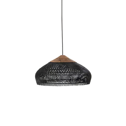 Bohemian Woven Rattan Pendant Lamp with Wood Top and Open Weave Shade