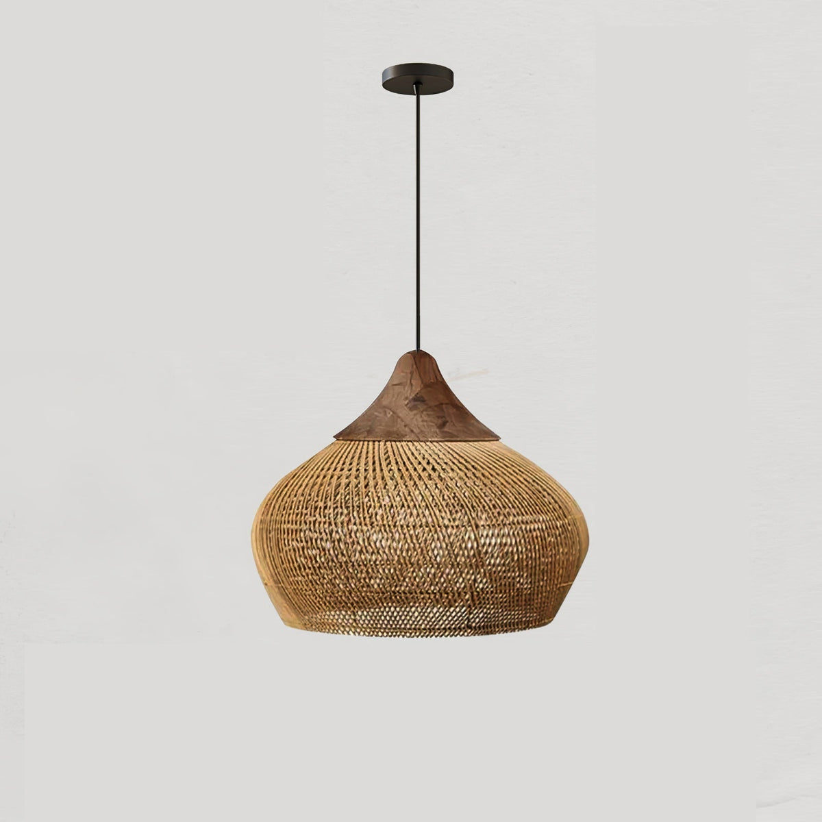Bohemian Woven Rattan Pendant Lamp with Wood Top and Open Weave Shade