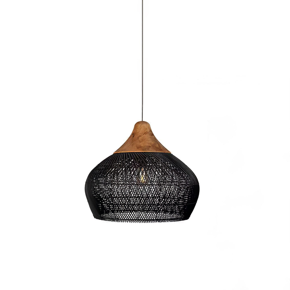 Bohemian Woven Rattan Pendant Lamp with Wood Top and Open Weave Shade
