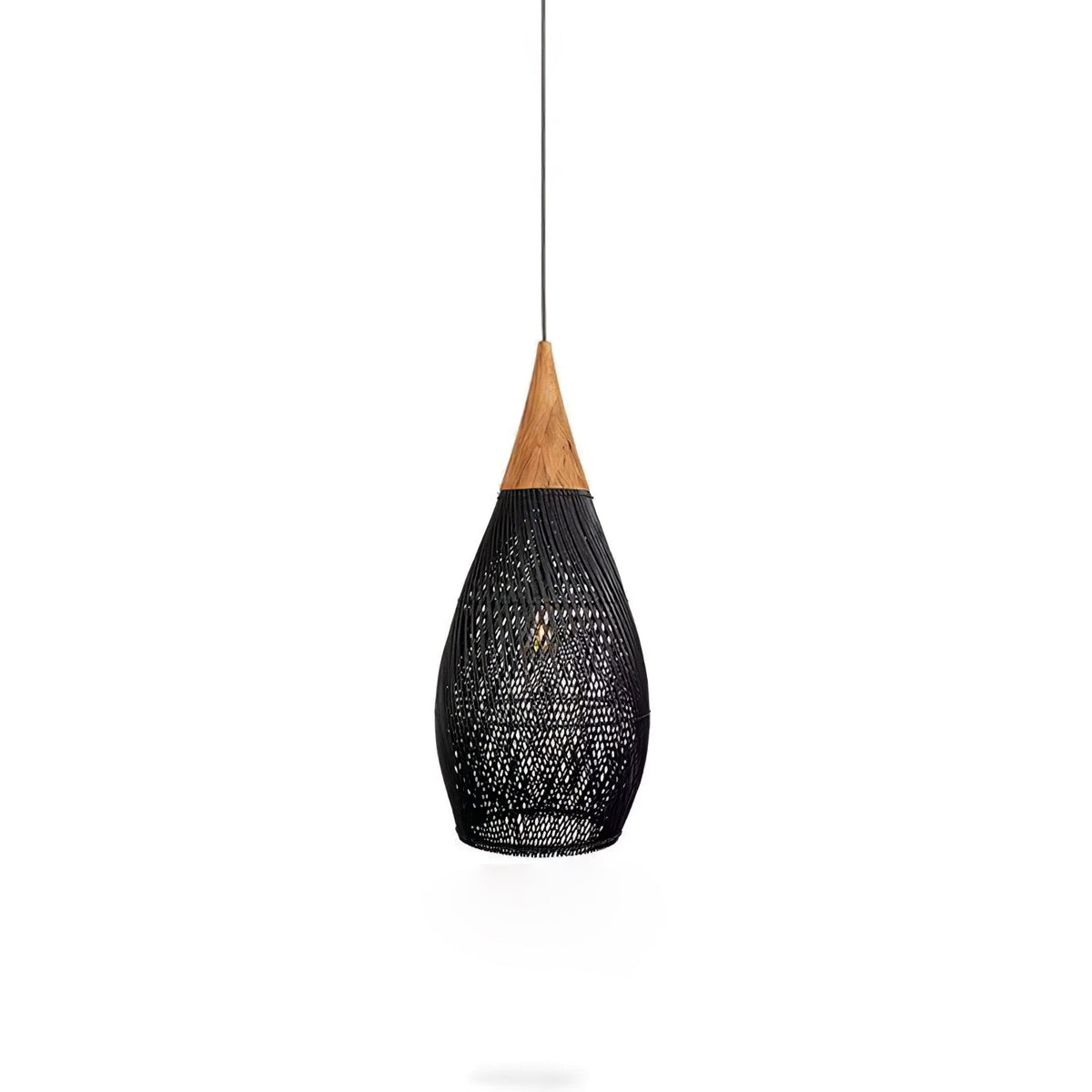 Bohemian Woven Rattan Pendant Lamp with Wood Top and Open Weave Shade