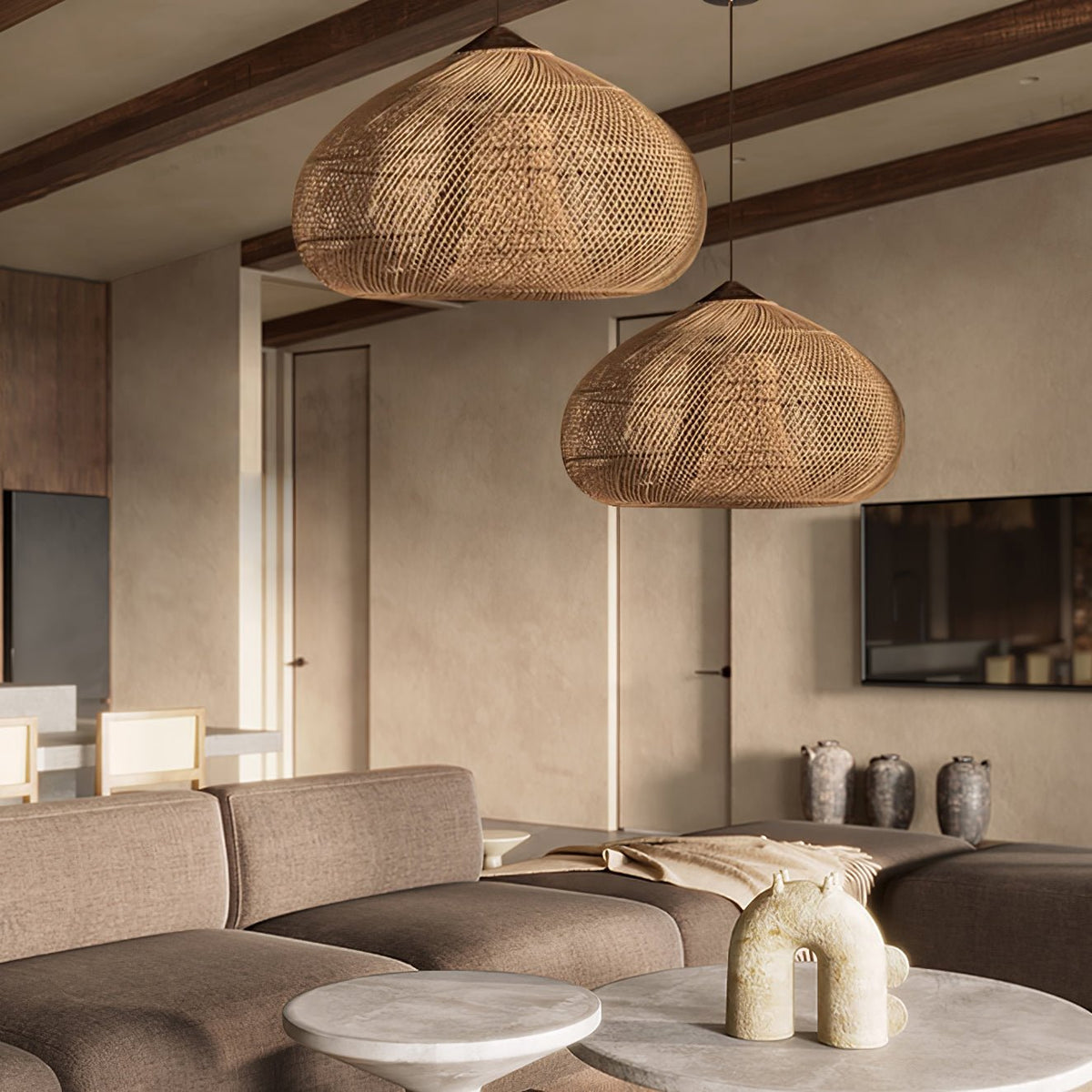 Bohemian Woven Rattan Pendant Lamp with Wood Top and Open Weave Shade
