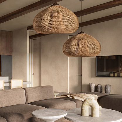 Bohemian Woven Rattan Pendant Lamp with Wood Top and Open Weave Shade