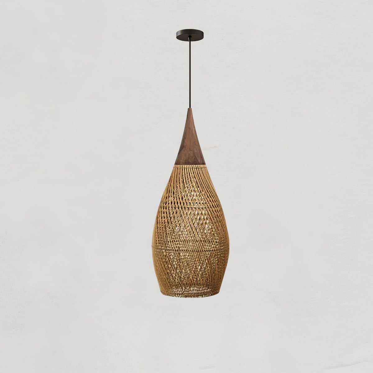 Bohemian Woven Rattan Pendant Lamp with Wood Top and Open Weave Shade