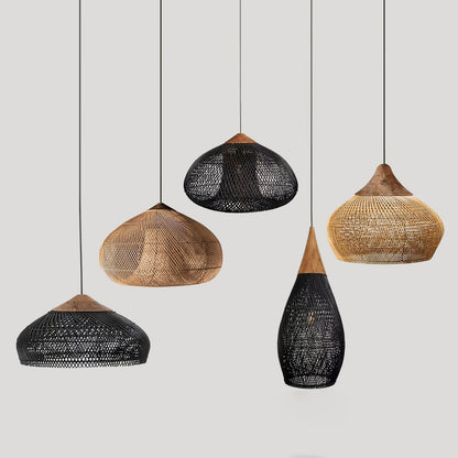 Bohemian Woven Rattan Pendant Lamp with Wood Top and Open Weave Shade