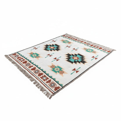 Boho Throw Blanket and Picnic Mat with Fringe Edges and Geometric Pattern