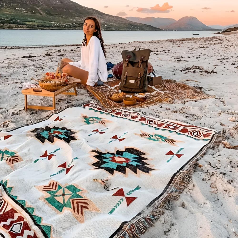 Boho Throw Blanket and Picnic Mat with Fringe Edges and Geometric Pattern