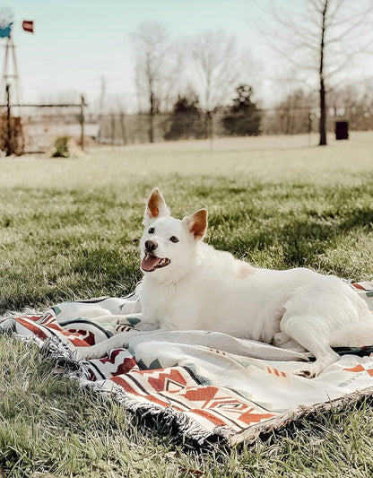Boho Throw Blanket and Picnic Mat with Fringe Edges and Geometric Pattern