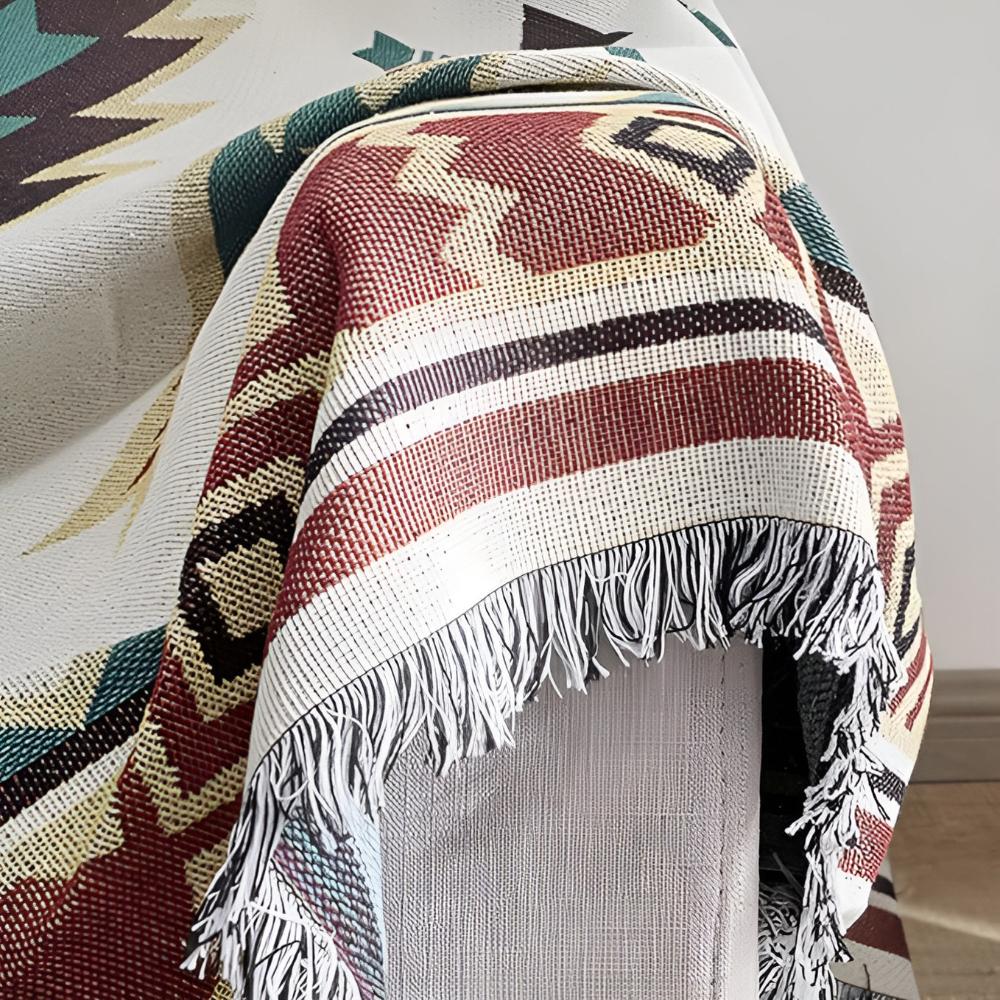 Boho Throw Blanket and Picnic Mat with Fringe Edges and Geometric Pattern