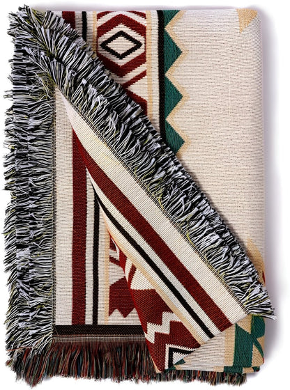 Boho Throw Blanket and Picnic Mat with Fringe Edges and Geometric Pattern