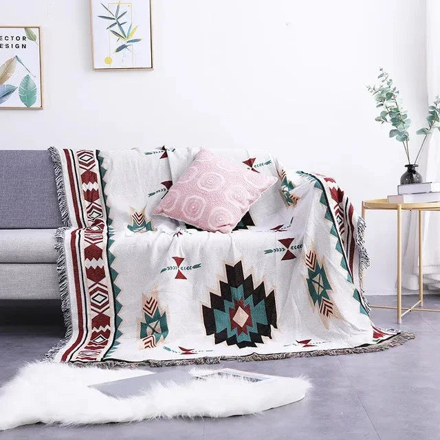 Boho Throw Blanket with Aztec Pattern and Fringe Trim for Sofa or Bed