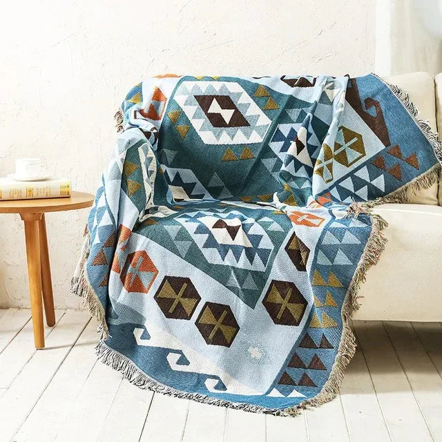 Boho Throw Blanket with Aztec Pattern and Fringe Trim for Sofa or Bed