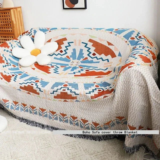 Boho Throw Blanket with Aztec Pattern and Fringe Trim for Sofa or Bed
