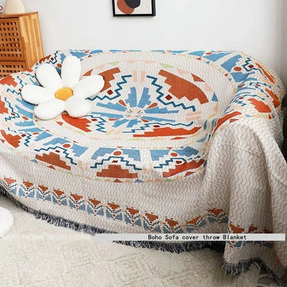 Boho Throw Blanket with Aztec Pattern and Fringe Trim for Sofa or Bed