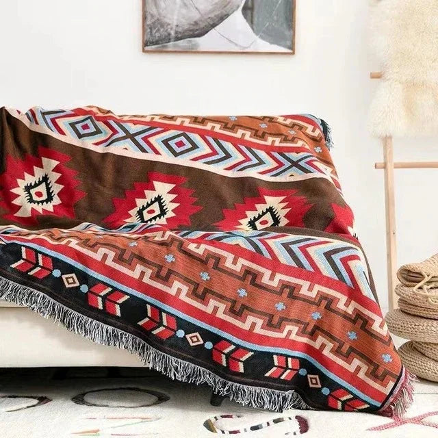 Boho Throw Blanket with Aztec Pattern and Fringe Trim for Sofa or Bed