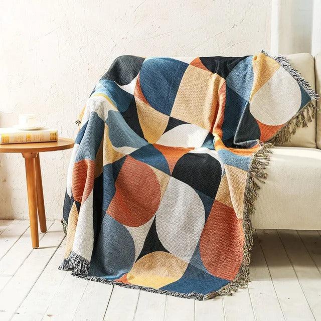 Boho Throw Blanket with Aztec Pattern and Fringe Trim for Sofa or Bed