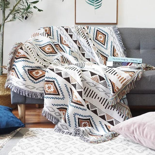 Boho Throw Blanket with Aztec Pattern and Fringe Trim for Sofa or Bed