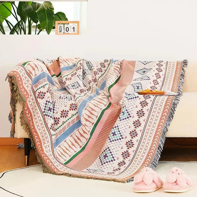 Boho Throw Blanket with Aztec Pattern and Fringe Trim for Sofa or Bed