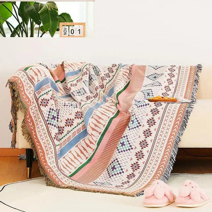 Boho Throw Blanket with Aztec Pattern and Fringe Trim for Sofa or Bed