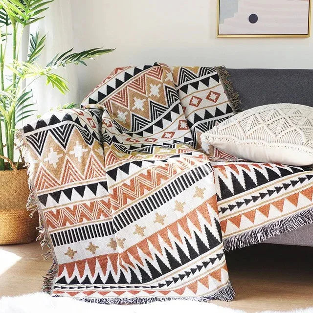 Boho Throw Blanket with Aztec Pattern and Fringe Trim for Sofa or Bed