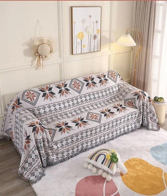 Boho Throw Blanket with Aztec Pattern and Fringe Trim for Sofa or Bed