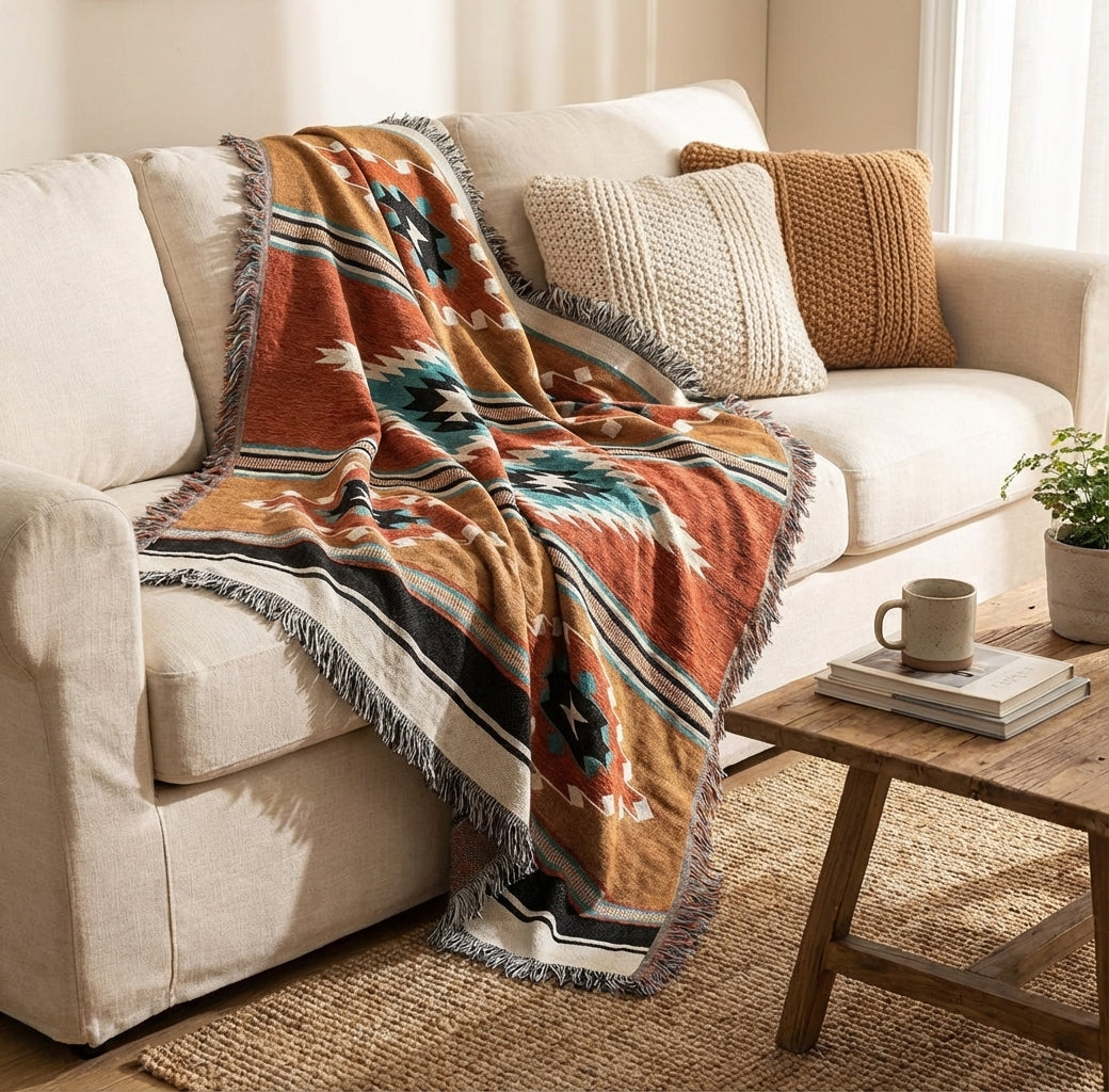 Boho Throw Blanket with Aztec Pattern and Fringe Trim for Sofa or Bed