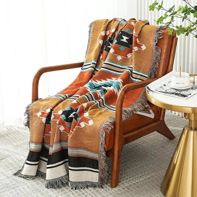 Boho Throw Blanket with Aztec Pattern and Fringe Trim for Sofa or Bed