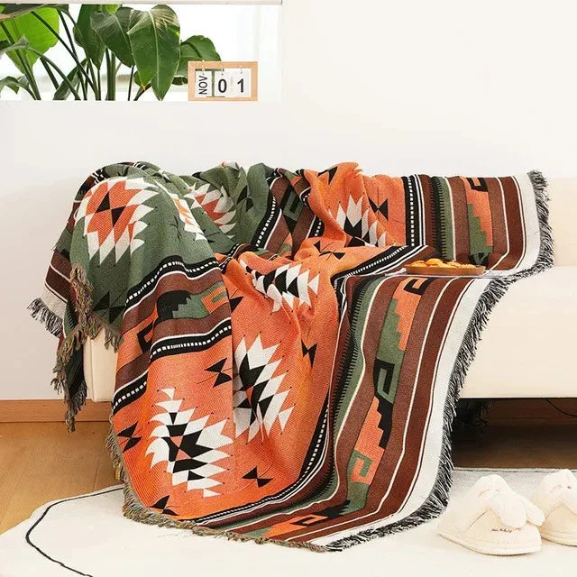 Boho Throw Blanket with Aztec Pattern and Fringe Trim for Sofa or Bed