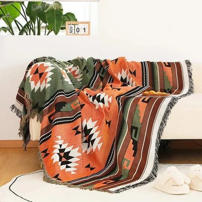 Boho Throw Blanket with Aztec Pattern and Fringe Trim for Sofa or Bed