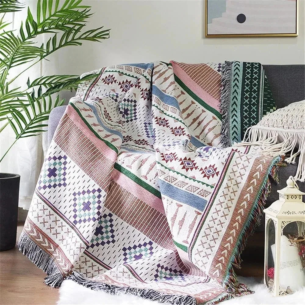Boho Throw Blanket with Aztec Pattern and Fringe Trim for Sofa or Bed