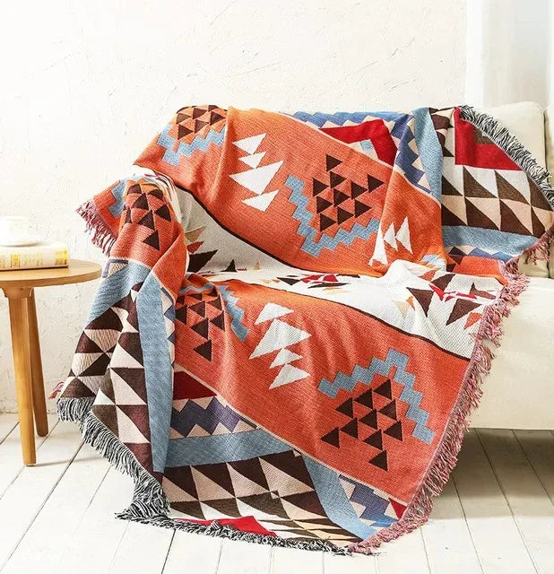 Boho Throw Blanket with Aztec Pattern and Fringe Trim for Sofa or Bed