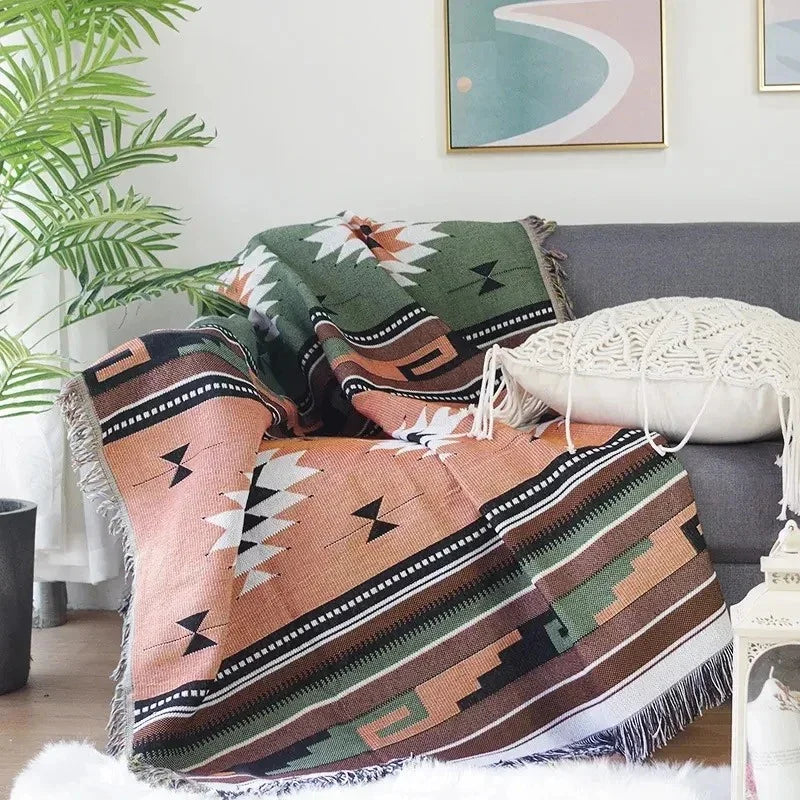 Boho Throw Blanket with Aztec Pattern and Fringe Trim for Sofa or Bed