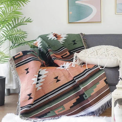 Boho Throw Blanket with Aztec Pattern and Fringe Trim for Sofa or Bed