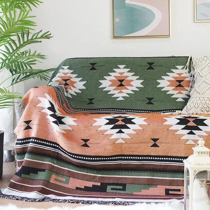 Boho Throw Blanket with Aztec Pattern and Fringe Trim for Sofa or Bed