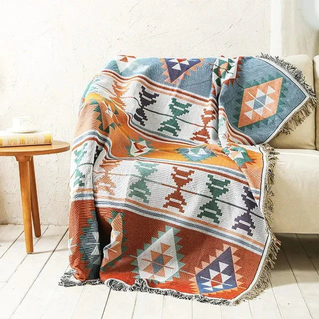 Boho Throw Blanket with Aztec Pattern and Fringe Trim for Sofa or Bed