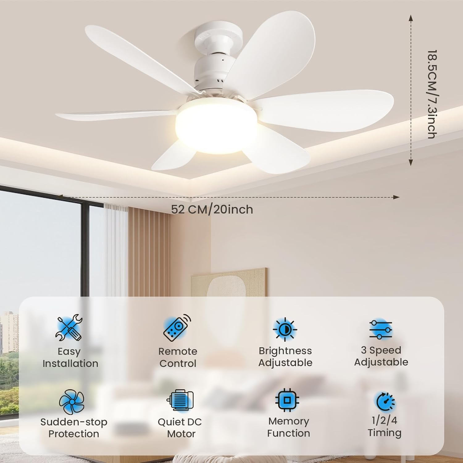 Ceiling Fan with LED Light and Remote Control Dimmable DC Motor
