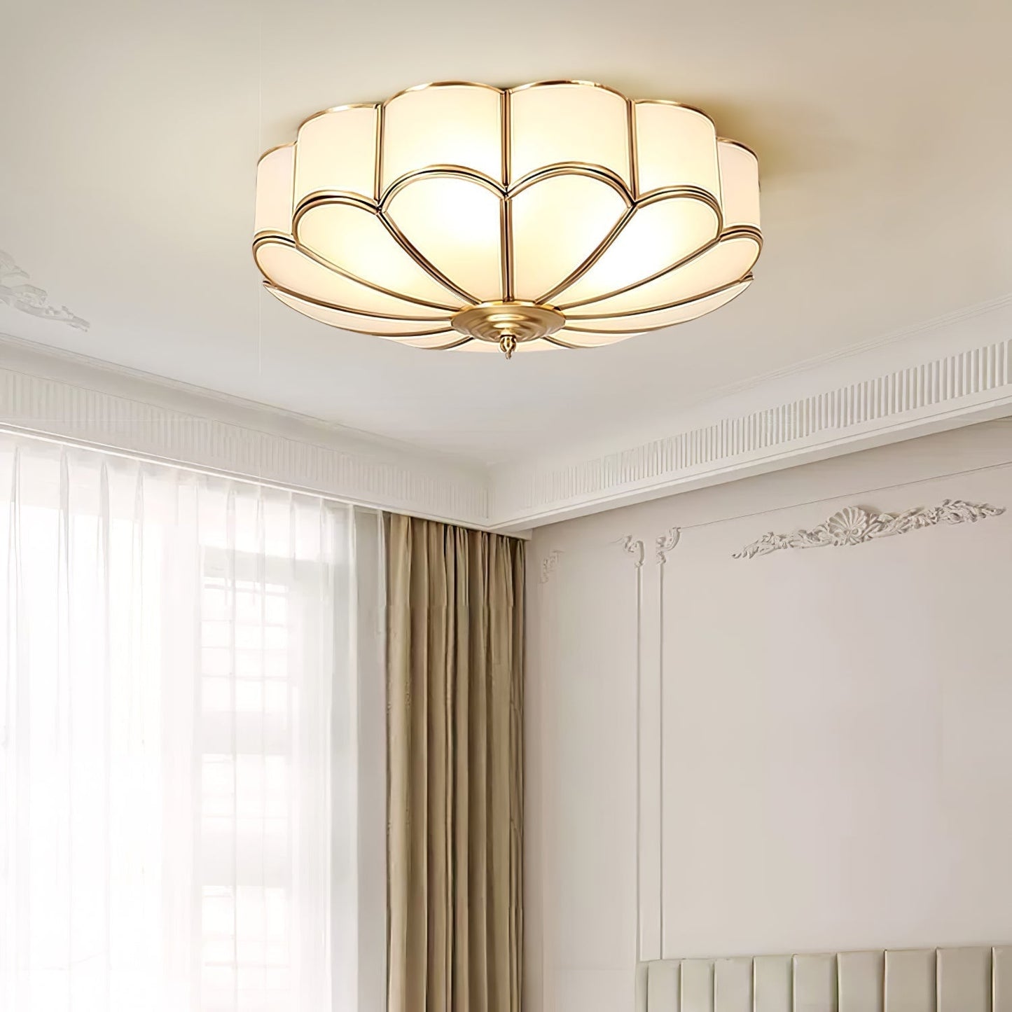 Ceiling Lamp Art Deco with Floral Glass Shade and Brass Frame