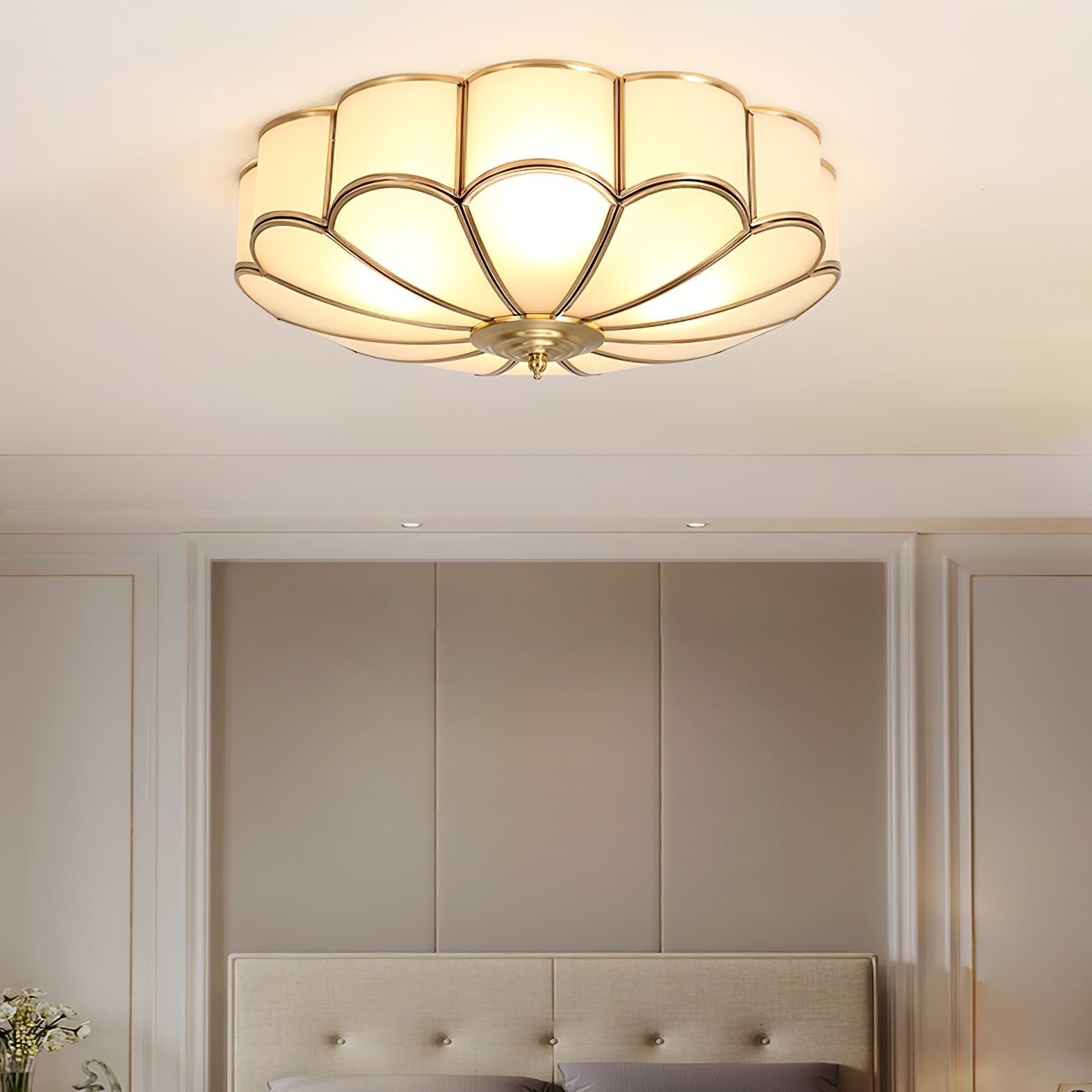 Ceiling Lamp Art Deco with Floral Glass Shade and Brass Frame