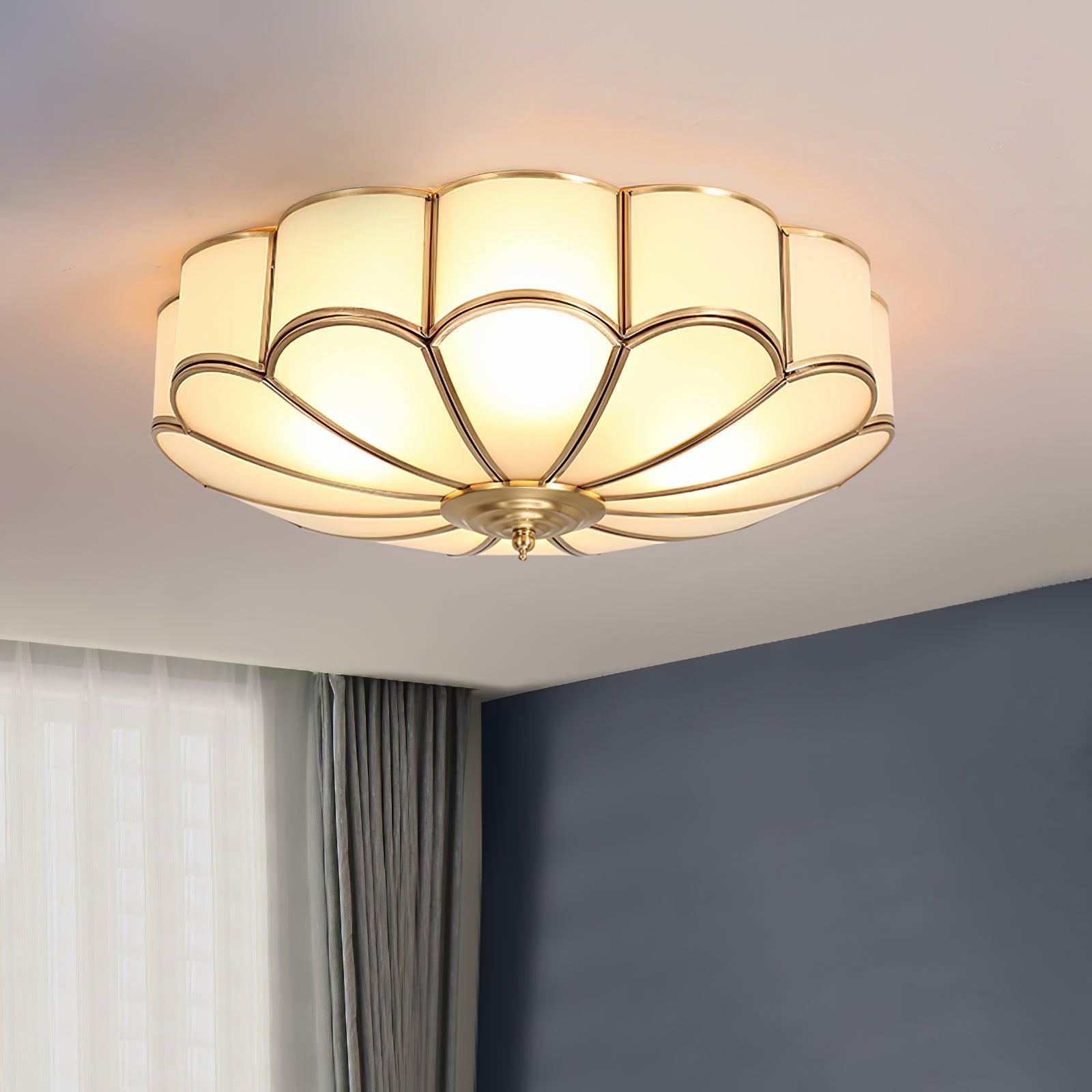 Ceiling Lamp Art Deco with Floral Glass Shade and Brass Frame