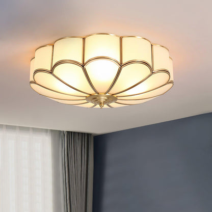 Ceiling Lamp Art Deco with Floral Glass Shade and Brass Frame