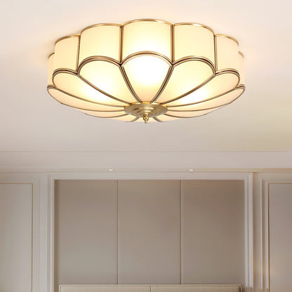 Ceiling Lamp Art Deco with Floral Glass Shade and Brass Frame