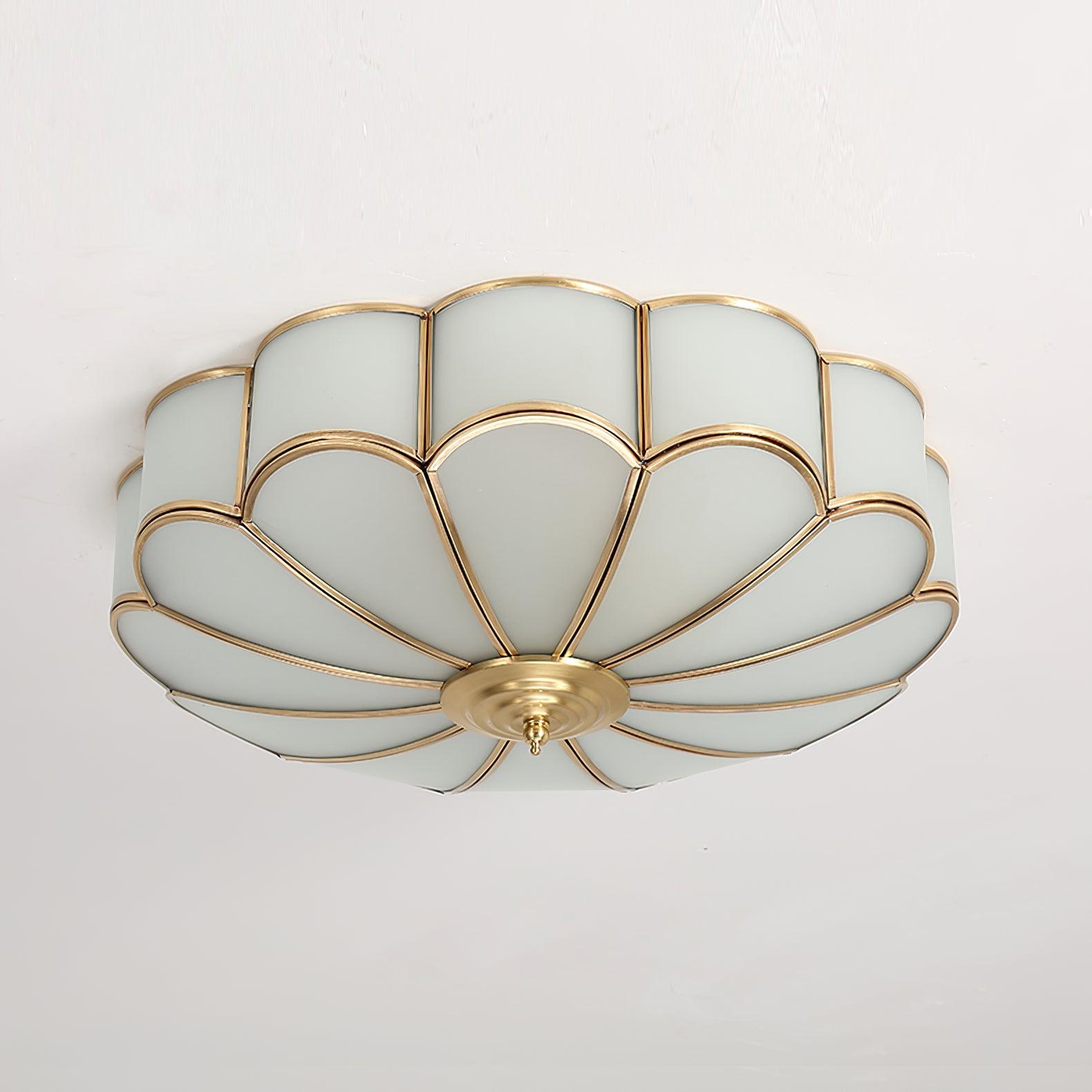 Ceiling Lamp Art Deco with Floral Glass Shade and Brass Frame