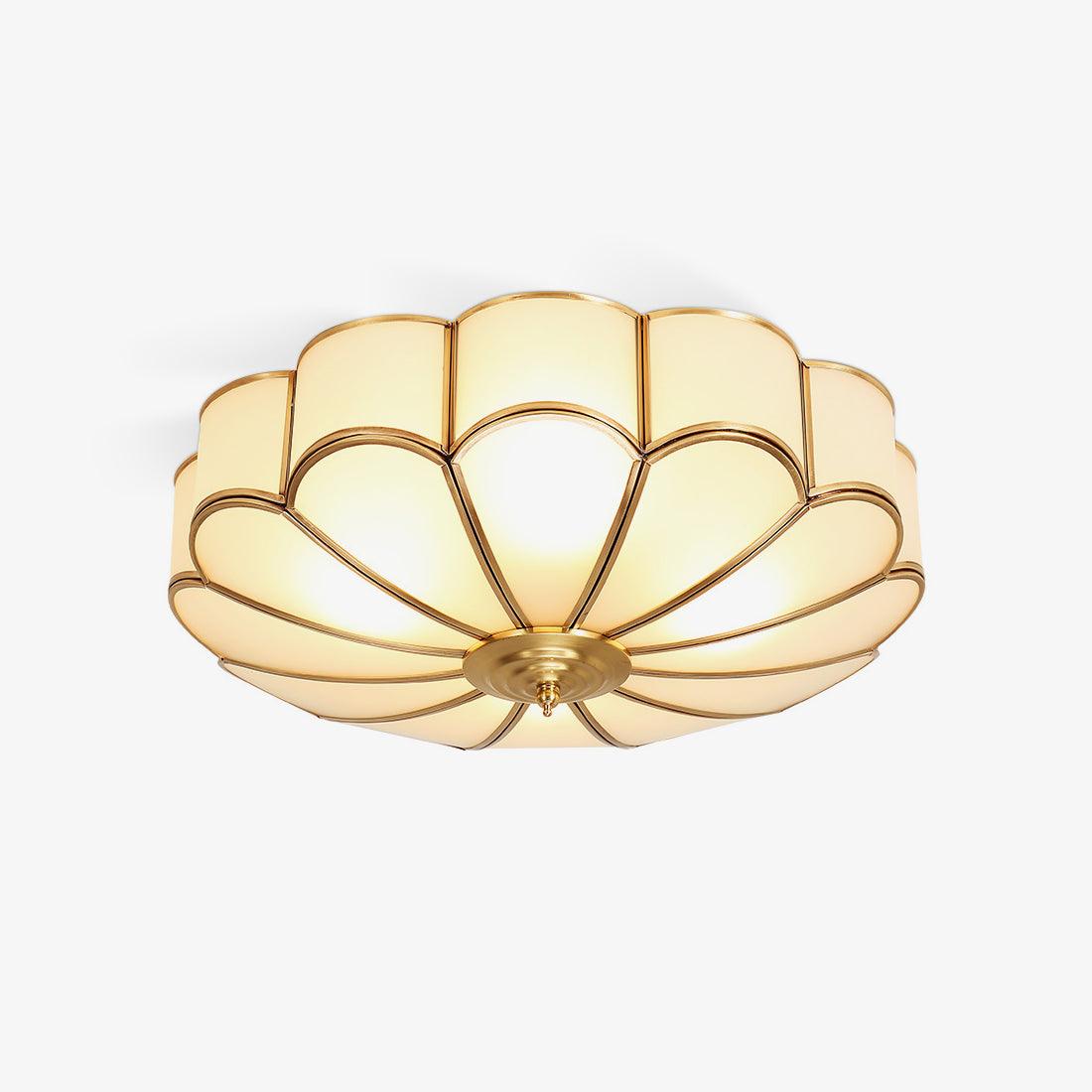Ceiling Lamp Art Deco with Floral Glass Shade and Brass Frame