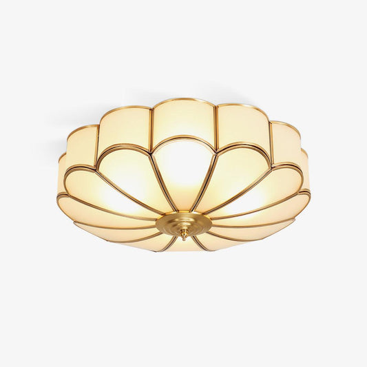 Ceiling Lamp Art Deco with Floral Glass Shade and Brass Frame