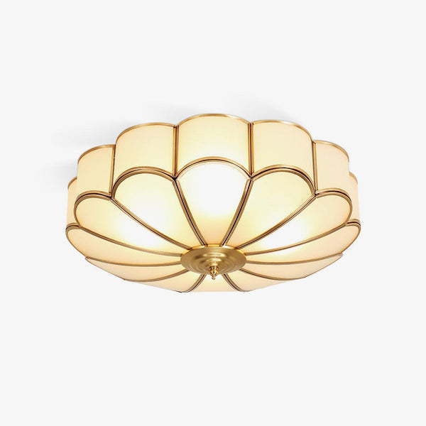 Ceiling Lamp Art Deco with Floral Glass Shade and Brass Frame