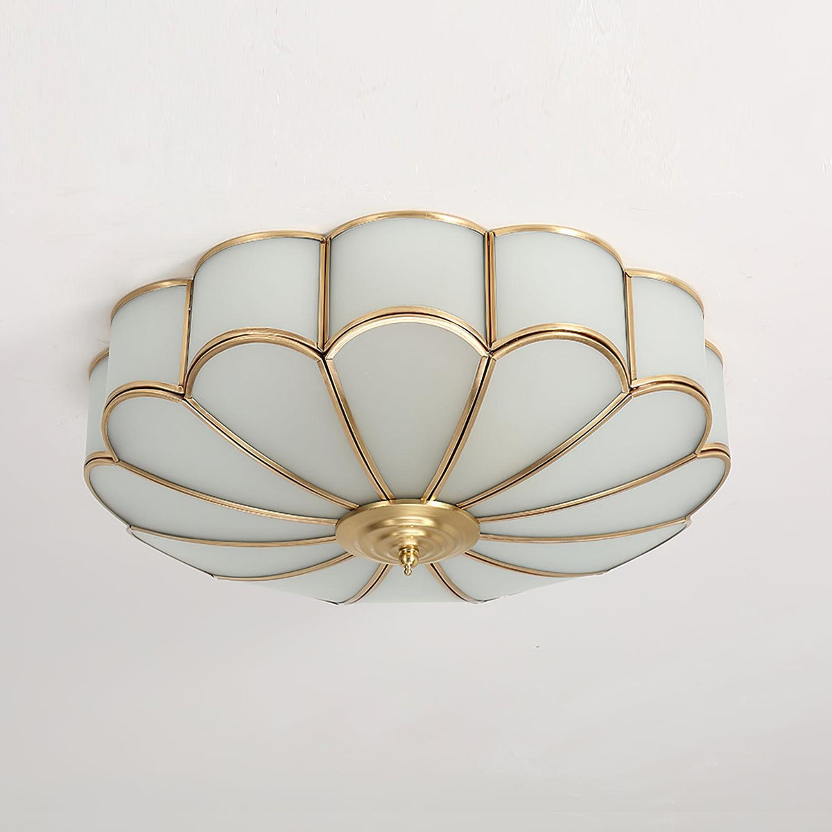 Ceiling Lamp Art Deco with Floral Glass Shade and Brass Frame